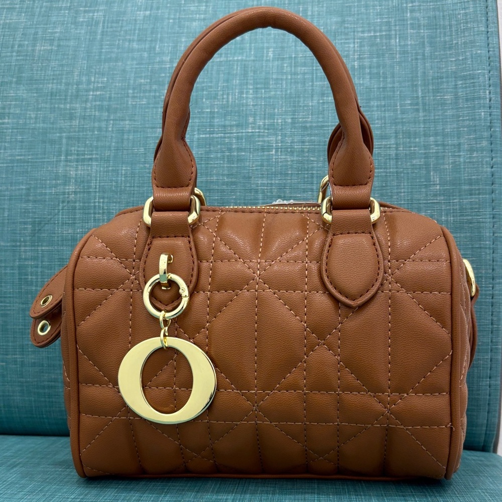 Quilted Barrel Satchel Handbag in Brown